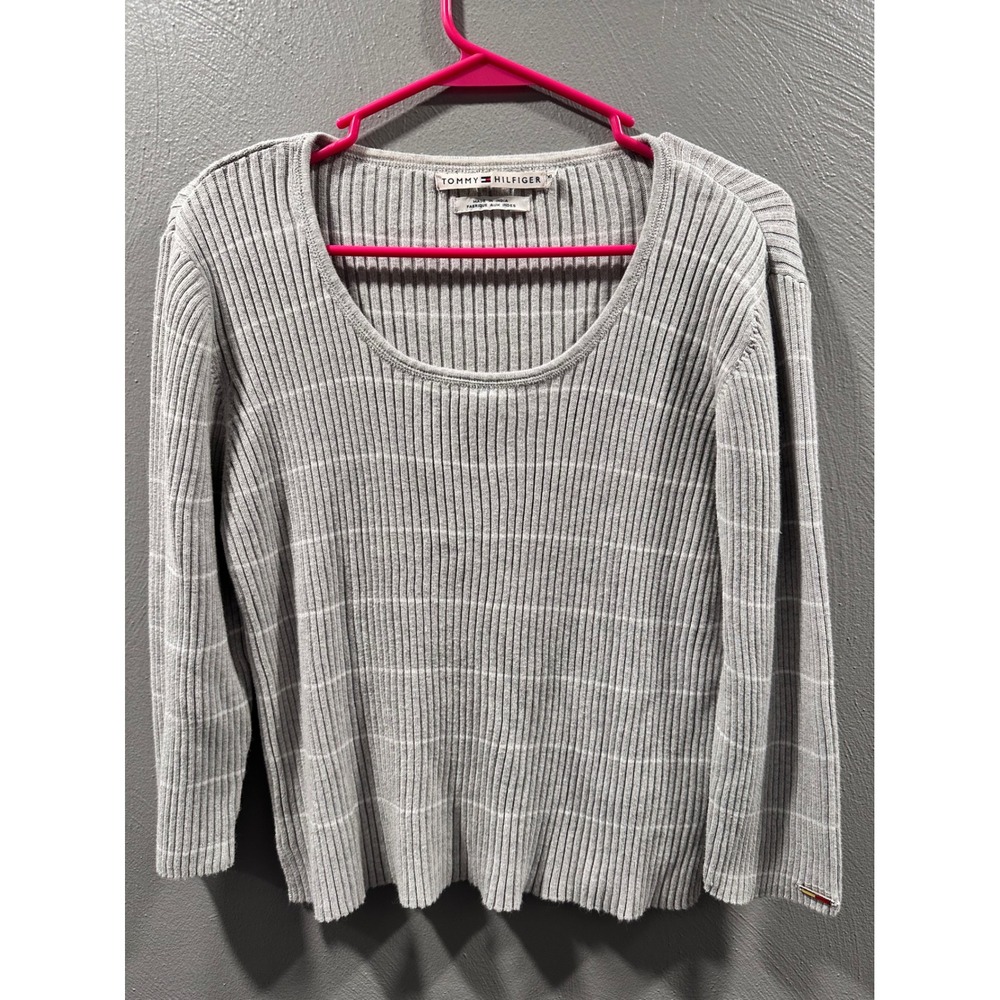 Tommy Hilfiger Womens XL Gray Ribbed Knit Scoop Neck Cotton Sweater Stripe